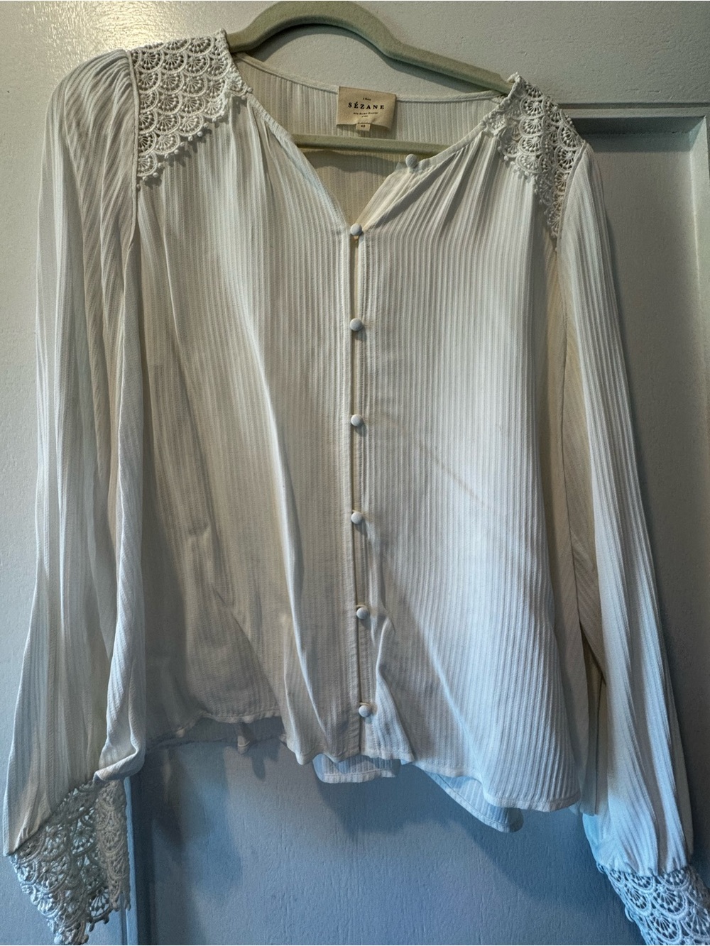 Sezane Cream Lace-Trim Button Front Blouse